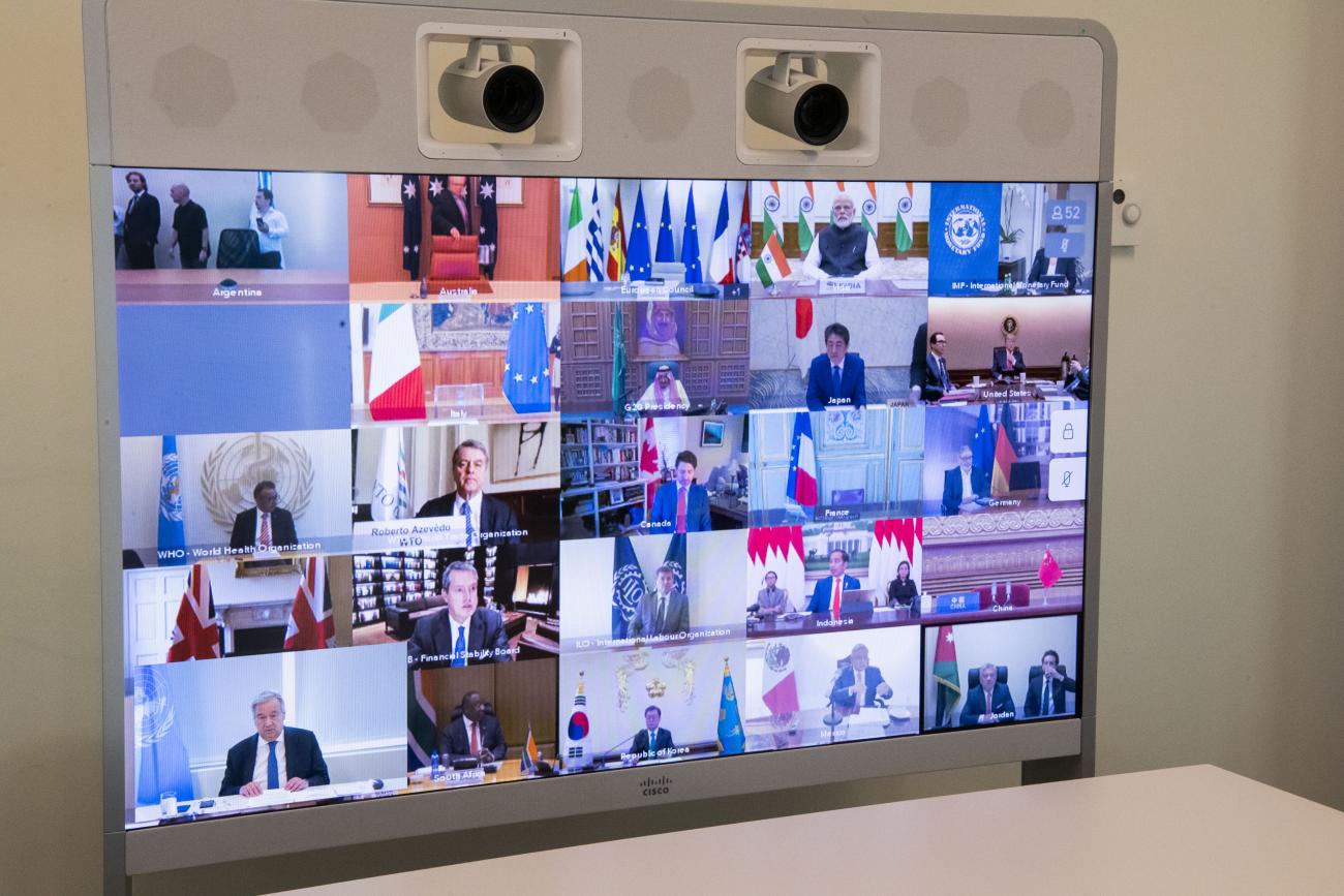 A view of the screen in the Secretary-General António Guterres' conference room as he takes part in the extraordinary Virtual Leaders’ Summit of the Group of Twenty (G-20) on the Covid-19 Pandemic.