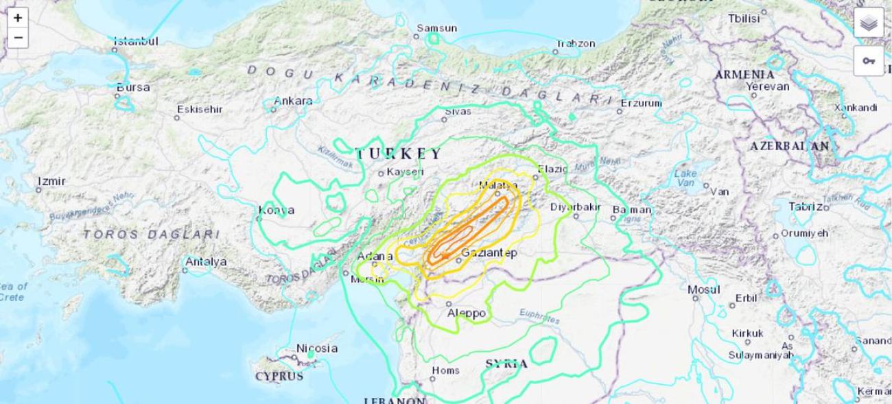 A map of Turkiye and Syria showing where the earthquake took place