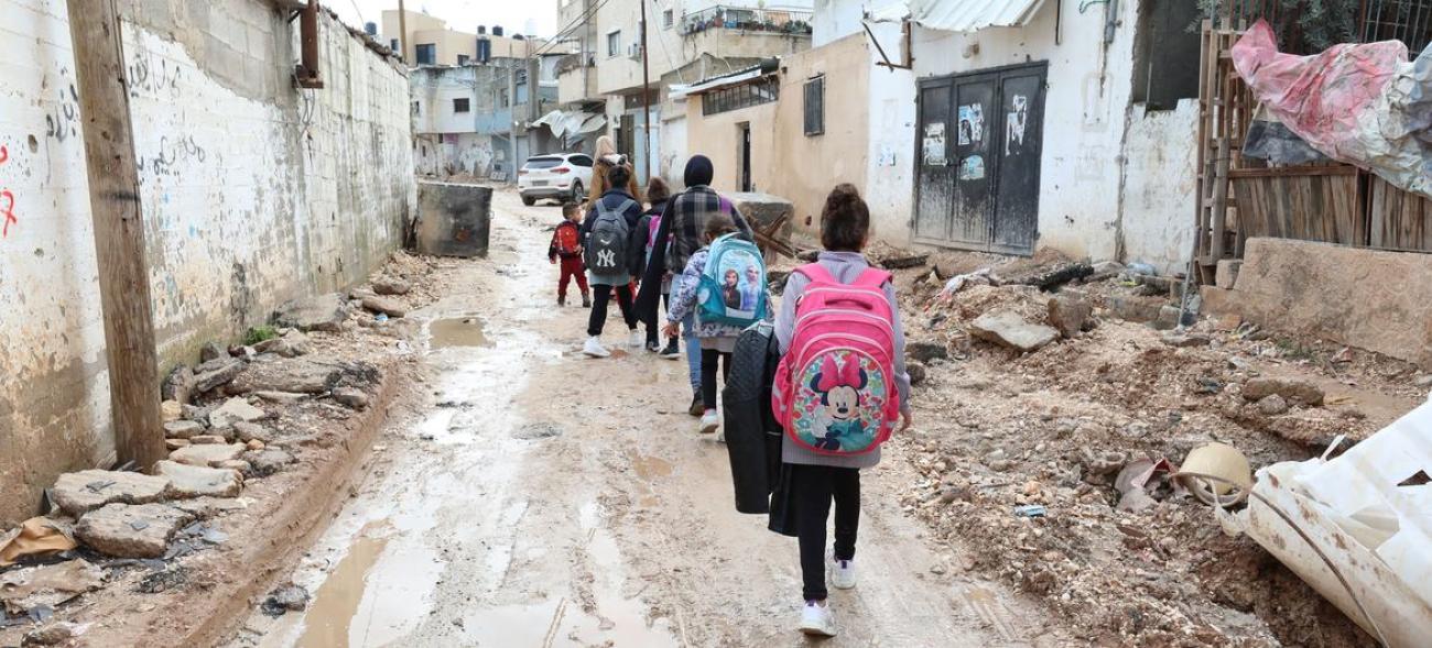 Children walk through partially destroyed streets in Jenin in the West Bank. (file)