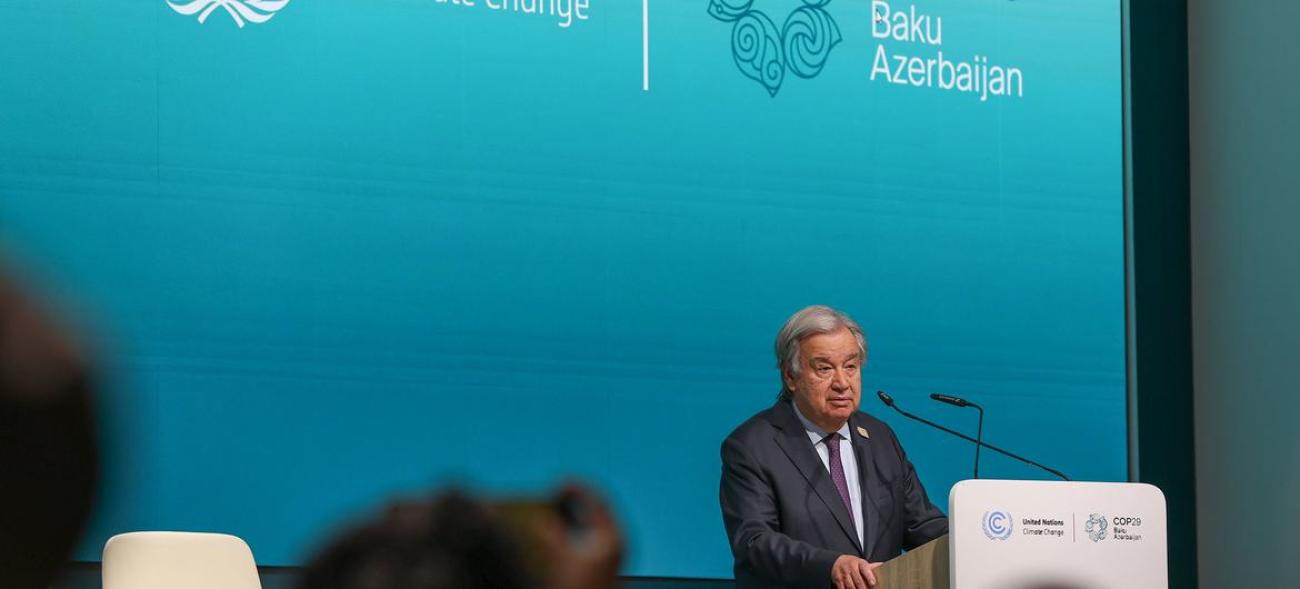 UN Secretary-General António Guterres speaks to reporters in Baku, Azerbaijan on the penultimate day of COP29, the latest round of UN climate negotiations