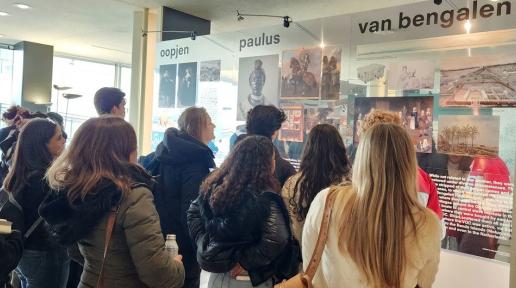 Students in front of an exhibition at the UN headquarters