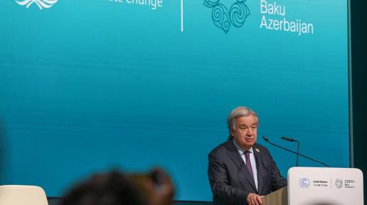 UN Secretary-General António Guterres speaks to reporters in Baku, Azerbaijan on the penultimate day of COP29, the latest round of UN climate negotiations